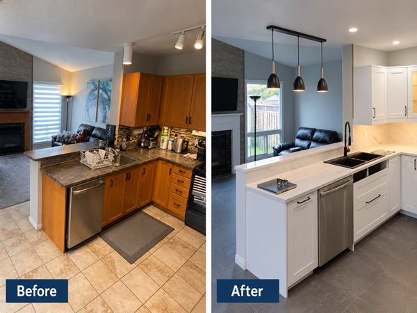 Before and after kitchen renovation in Orleans Ottawa by MBN Renovation featuring white shaker cabinets, quartz countertops and modern lighting