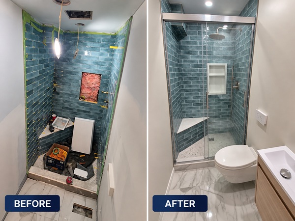 Before and after custom tiled shower and bathroom renovation in Orléans by MBN Renovation