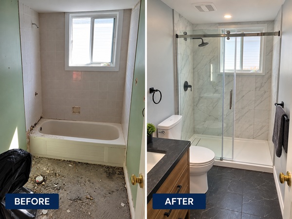 Before and after tub to walk-in shower bathroom renovation in Orléans by MBN Renovation