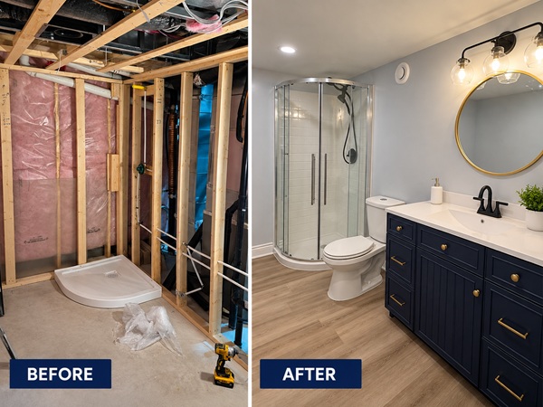 Before and after basement bathroom renovation with corner shower in Orléans by MBN Renovation