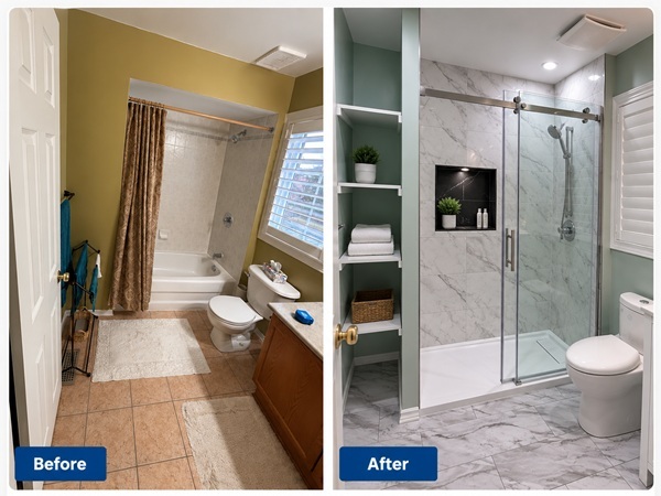 Before and after bathroom renovation in Orléans Ottawa by MBN Renovation featuring a glass walk-in shower, black shower niche, marble-look tiles and custom shelving