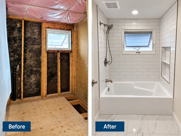 Before and after bathtub renovation with white subway tiles and recessed shower niche in Orléans Ottawa by MBN Renovation