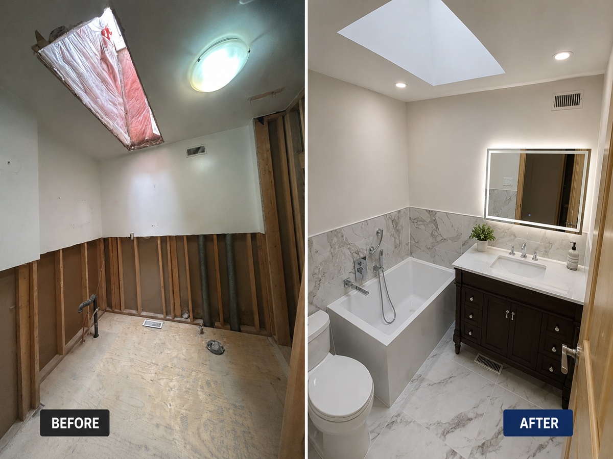 Before and after bathroom renovation in Orléans by MBN Renovation
